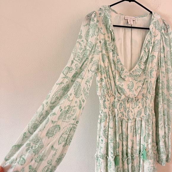 NWOT House of Harlow 1960 Mint Paisley White Smocked Ruffle Mini Dress Small - Picture 6 of 15